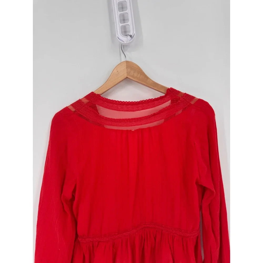 Free People Blouse Womens Medium Red Lace Trim Boho Peplum Tassel V-Neck